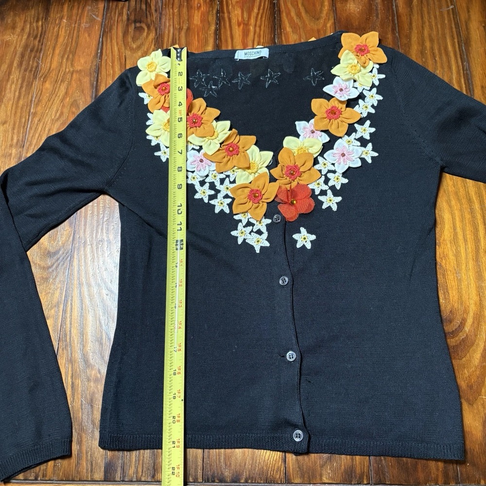 Vtg Moschino Cheap & Chic Black Floral Appliqué Pink Orange Cardigan Silk Sz 8 - Picture 7 of 13